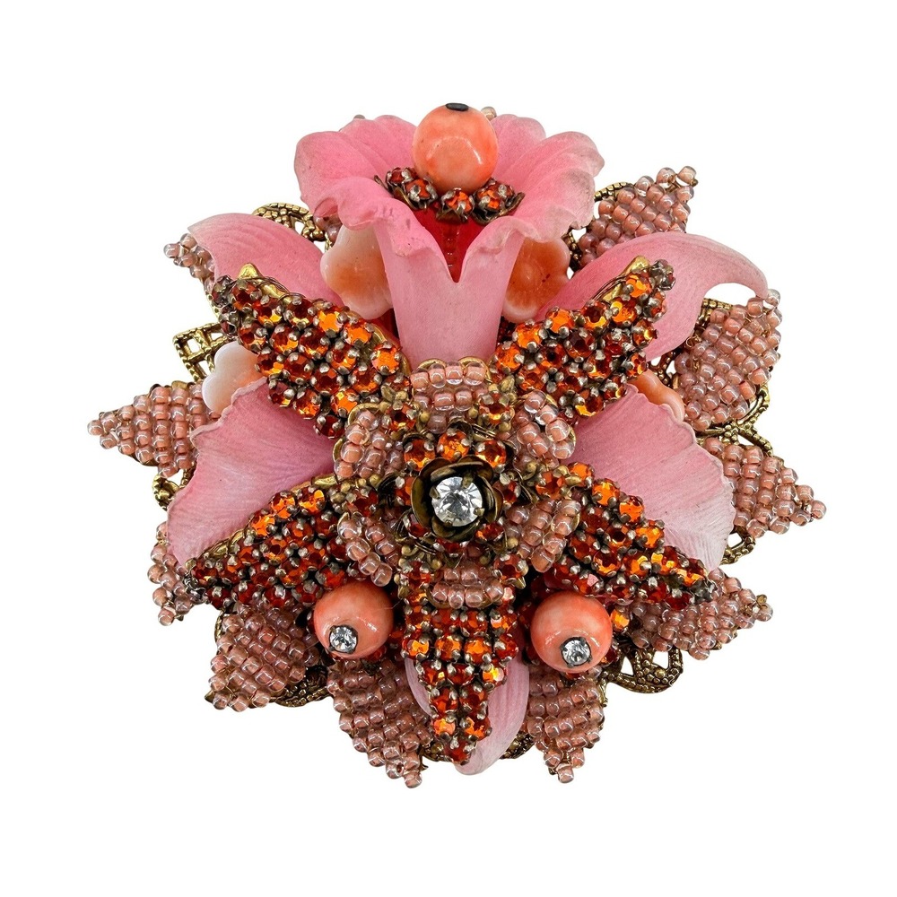 Stanley‎ Hagler NYC Vintage Floral Brooch Pink Orange Rhinestone Beaded 3 Inch